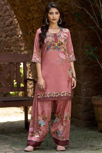 Mauve chinon chiffon floral printed embellished festive & party co-ord set