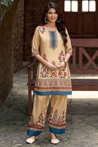 Beige chinon chiffon geometric printed embellished festive & party co-ord set