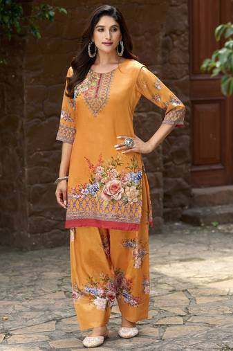 Mustard chinon chiffon floral printed embellished festive & party co-ord set