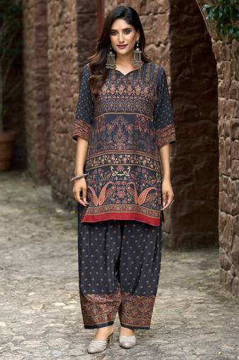 Black pure crepe geometric printed embellished festive & party co-ord set
