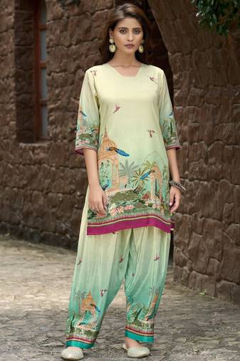 Green pure crepe animal printed embellished festive & party co-ord set