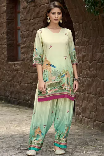Green pure crepe animal printed embellished festive & party co-ord set