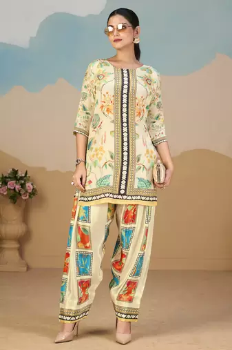 Beige pure crepe floral printed embellished festive & party co-ord set