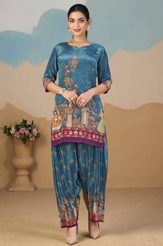 Teal blue pure crepe floral printed embellished festive & party co-ord set