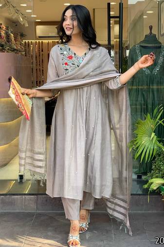 Ethnic festive wear grey chinon viscose stitched suit with dupatta