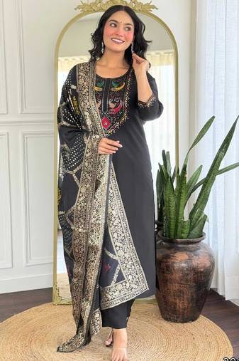 Ethnic festive wear black roman silk stitched suit with dupatta