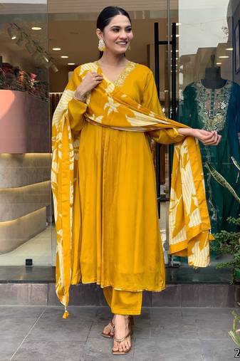 Ethnic festive wear yellow chinon viscose stitched suit with dupatta