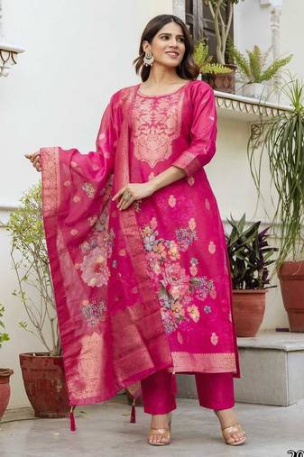 red chanderi cotton stitched suit with dupatta