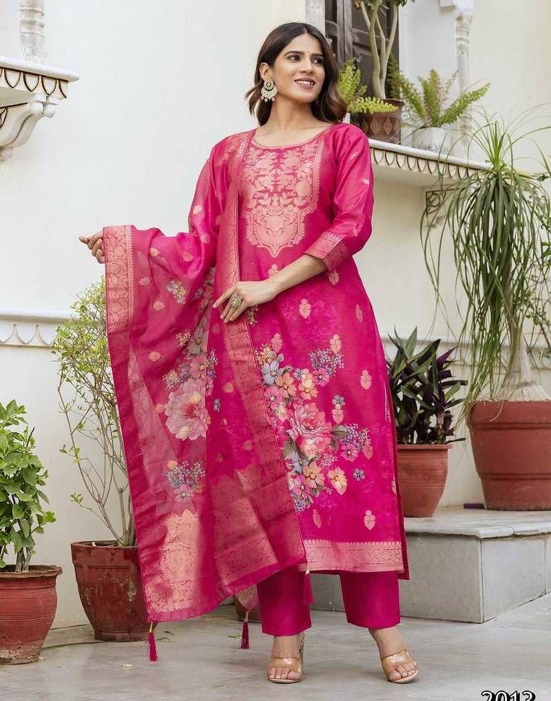 Ethnic festive wear red chanderi cotton stitched suit with dupatta