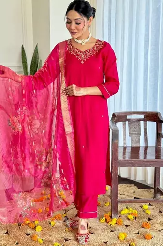 Ethnic festive wear red viscose stitched suit with dupatta