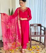 Ethnic festive wear red viscose stitched suit with dupatta