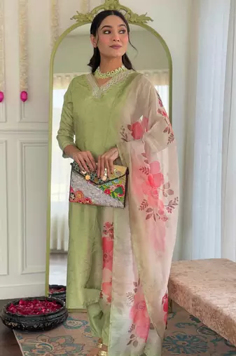 Ethnic festive wear pista rayon stitched suit with dupatta