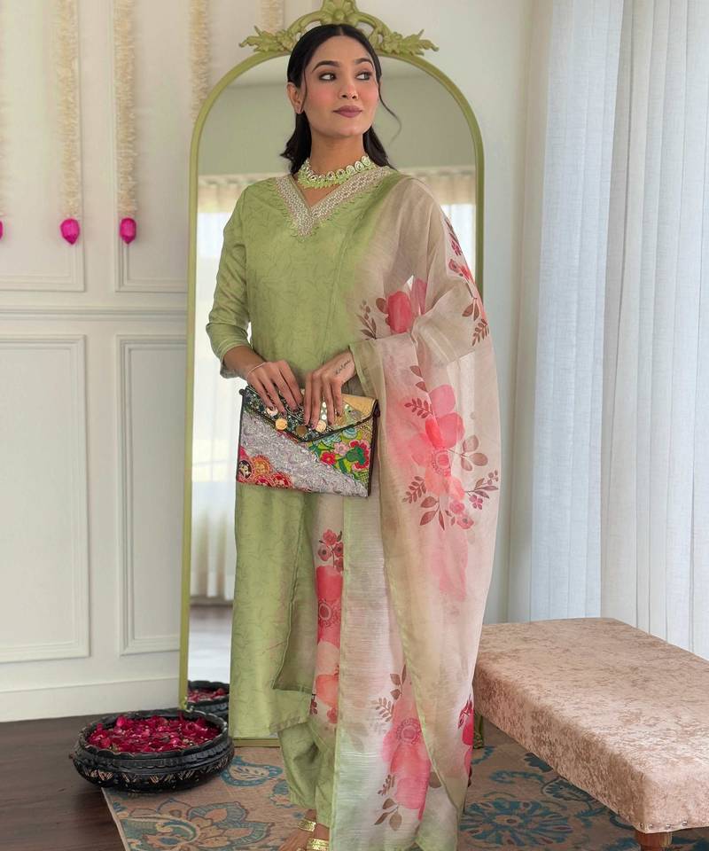 Ethnic festive wear pista rayon stitched suit with dupatta