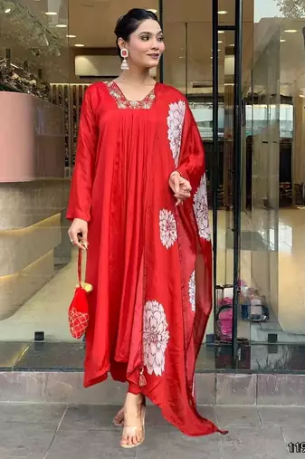 Ethnic festive wear red rayon stitched suit with dupatta