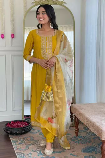 Ethnic festive wear mustard viscose stitched suit with dupatta