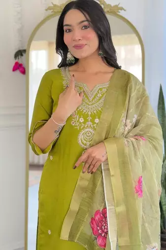 Ethnic festive wear green viscose stitched suit with dupatta