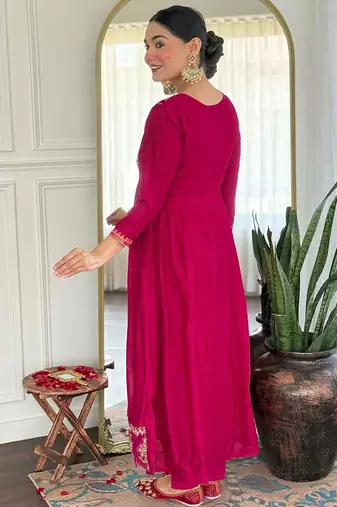Ethnic festive wear rani vichitra slik stitched suit with dupatta
