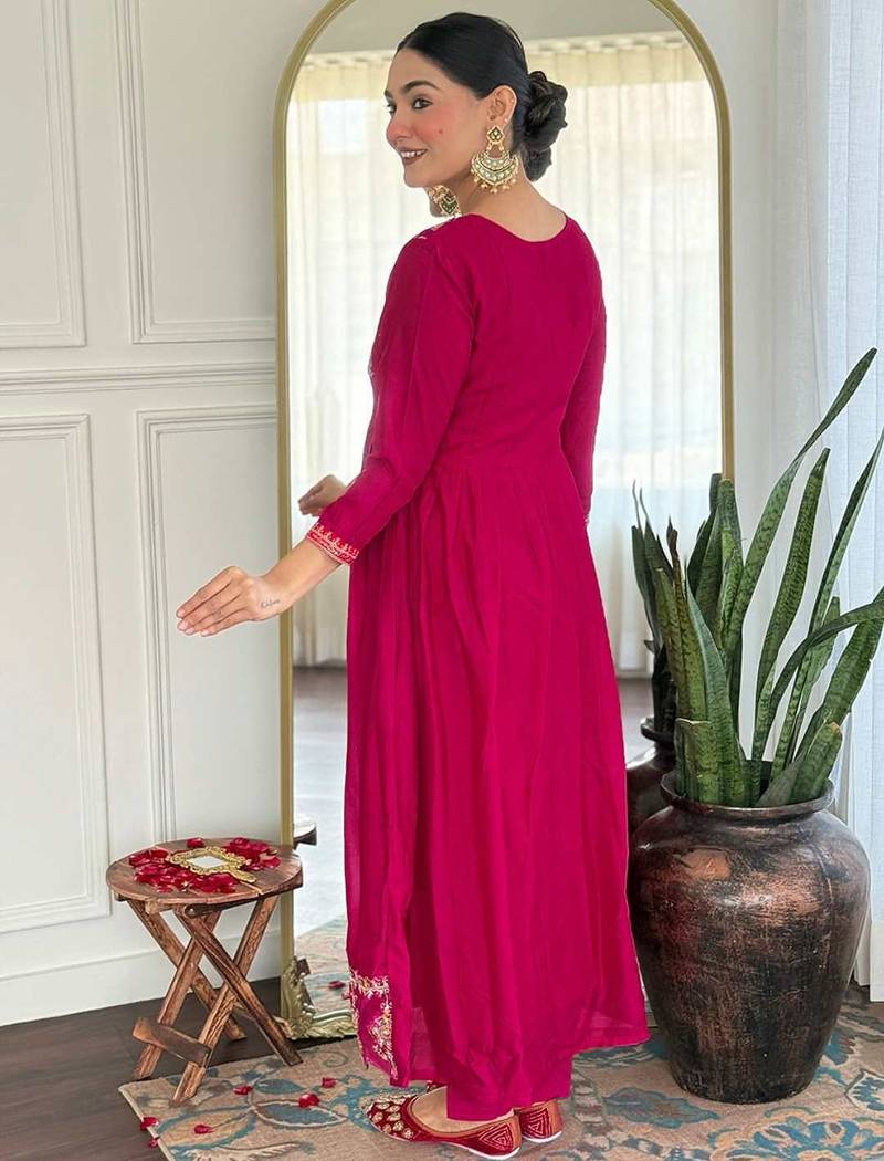 Ethnic festive wear rani vichitra slik stitched suit with dupatta