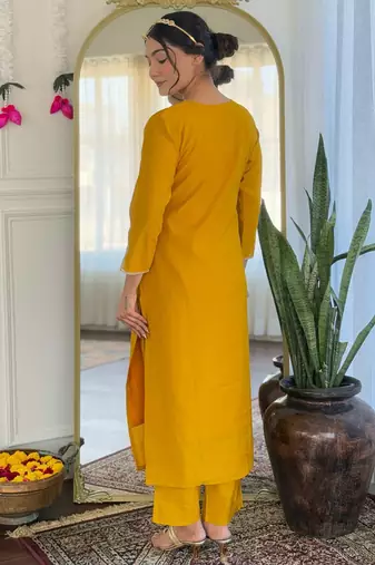 Ethnic festive wear mustard viscose stitched suit with dupatta