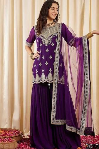 Ethnic festive wear purple georgette stitched suit with dupatta