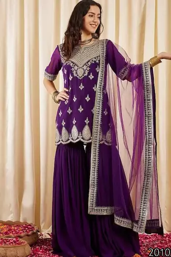 Ethnic festive wear purple georgette stitched suit with dupatta
