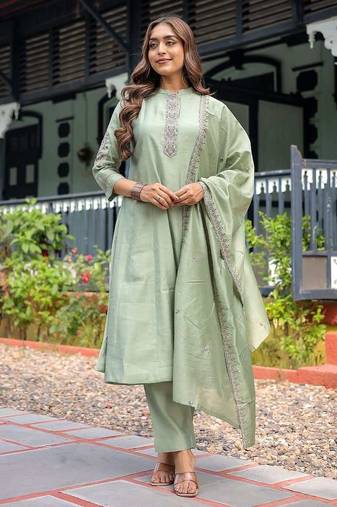 Ethnic festive wear pista muslin stitched suit with dupatta