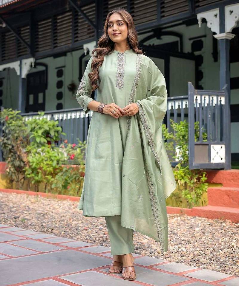 Ethnic festive wear pista muslin stitched suit with dupatta