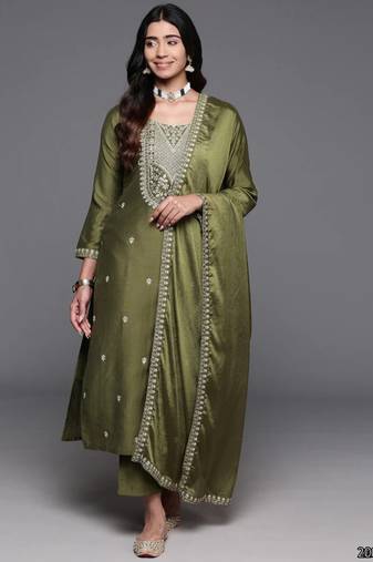Ethnic festive wear green chinon viscose stitched suit with dupatta