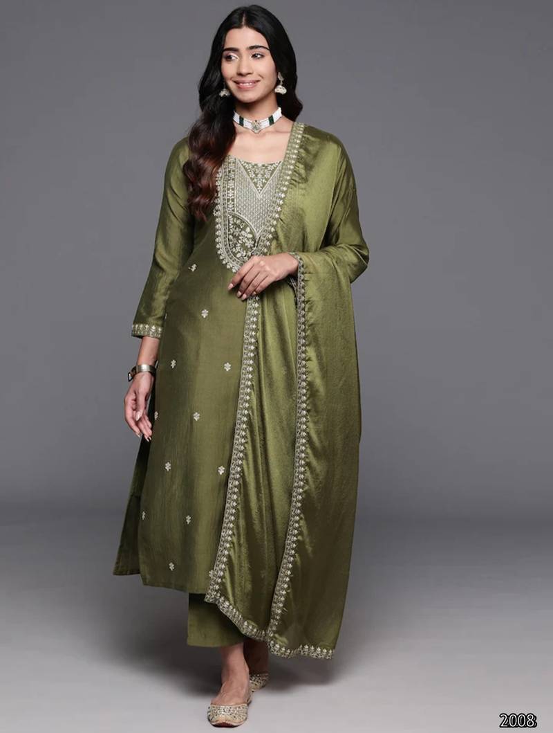 Ethnic festive wear green chinon viscose stitched suit with dupatta