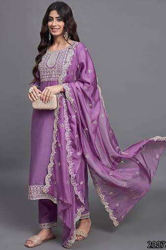 Ethnic festive wear purple chinon viscose stitched suit with dupatta