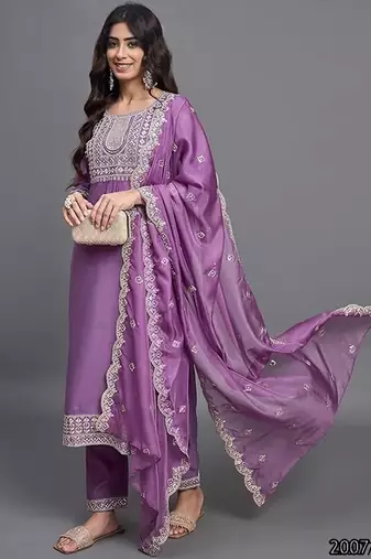 Ethnic festive wear purple chinon viscose stitched suit with dupatta