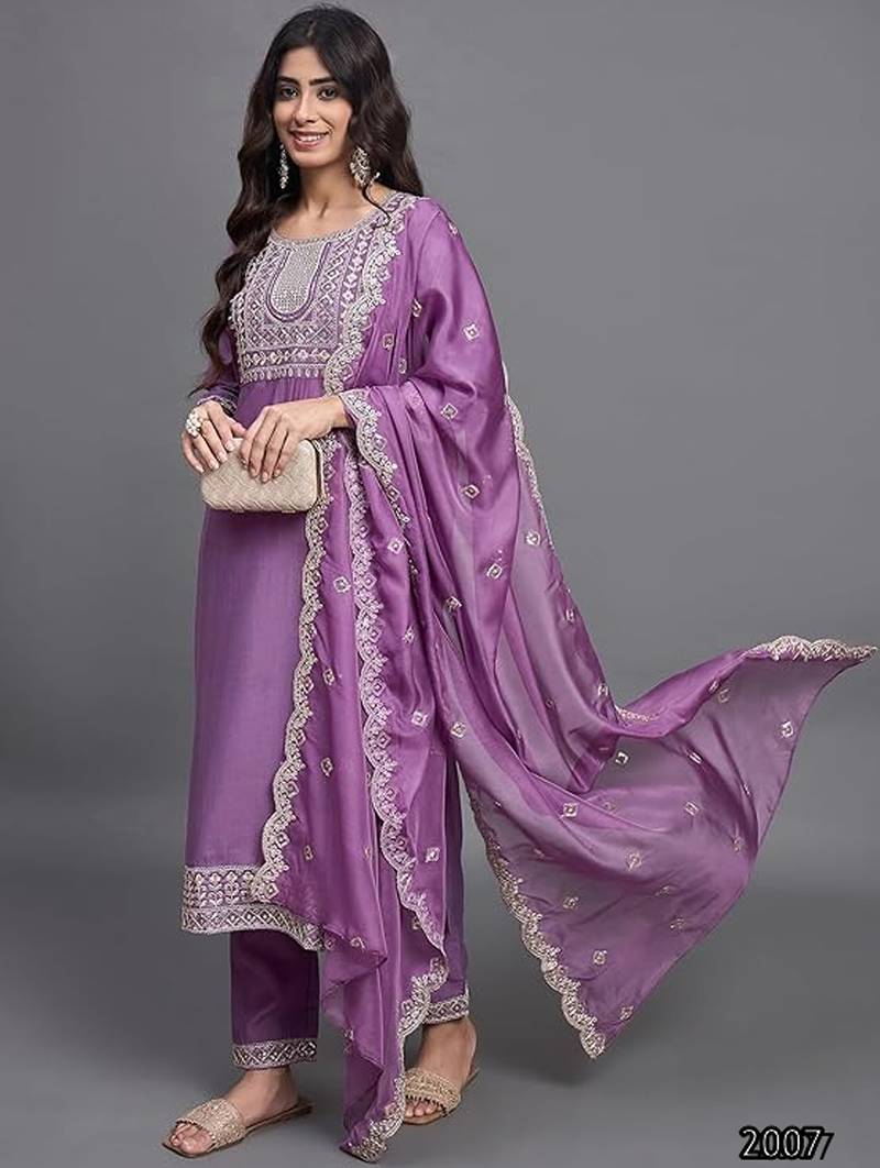 Ethnic festive wear purple chinon viscose stitched suit with dupatta