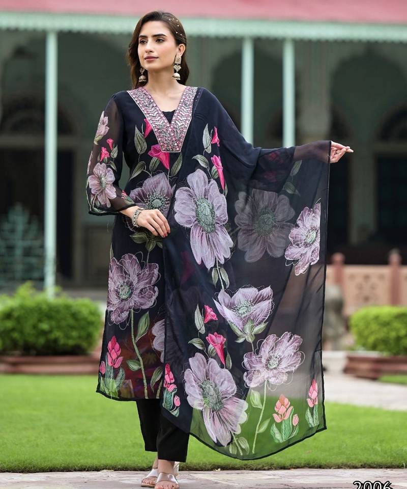 Ethnic festive wear black georgette stitched suit with dupatta