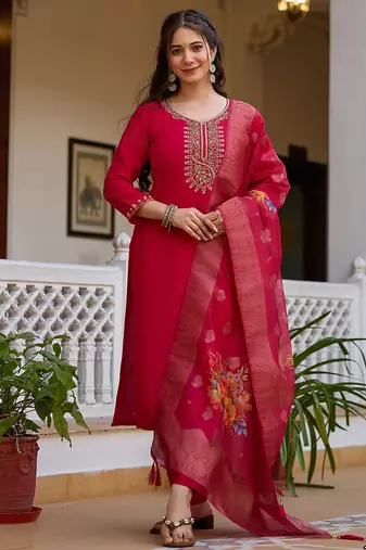 Ethnic festive wear red viscose chanderi stitched suit with dupatta
