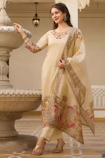 Ethnic festive wear off white viscose silk stitched suit with dupatta