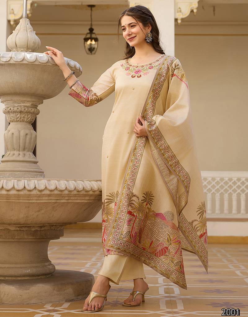Ethnic festive wear off white viscose silk stitched suit with dupatta