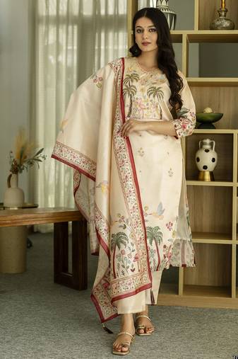 Ethnic festive wear off white viscose silk stitched suit with dupatta