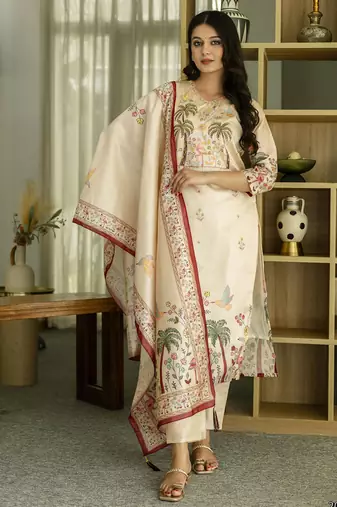 Ethnic festive wear off white viscose silk stitched suit with dupatta