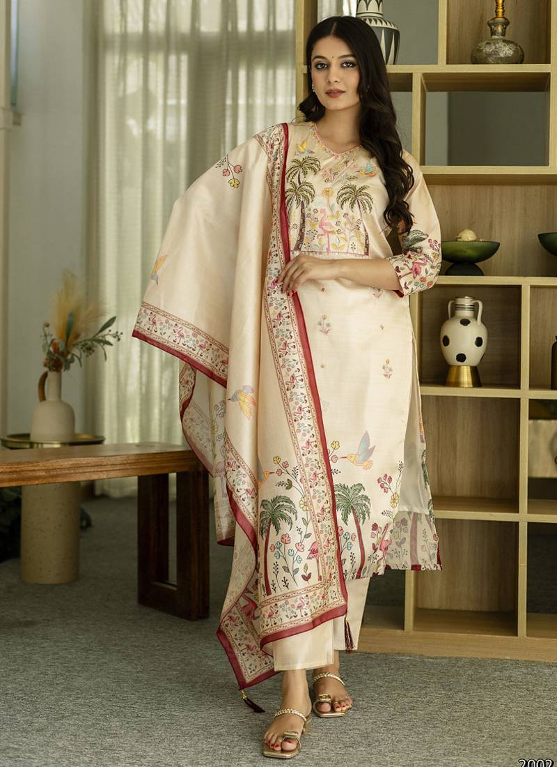 Ethnic festive wear off white viscose silk stitched suit with dupatta