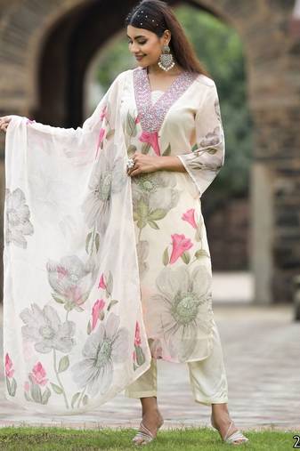 Ethnic festive wear white georgette stitched suit with dupatta