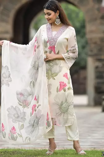 Ethnic festive wear white georgette stitched suit with dupatta