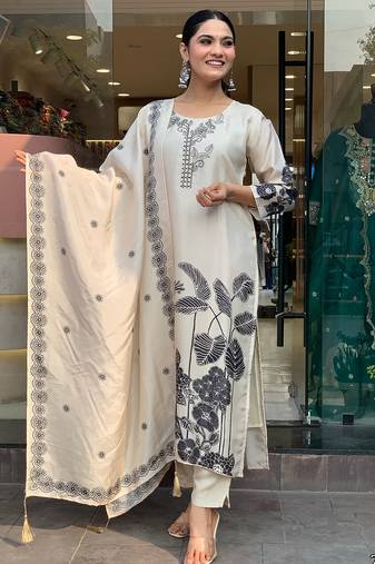 Ethnic festive wear white chanderi stitched suit with dupatta