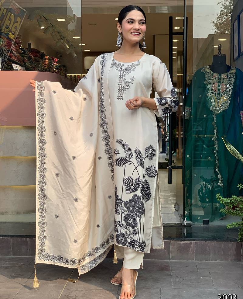Ethnic festive wear white chanderi stitched suit with dupatta