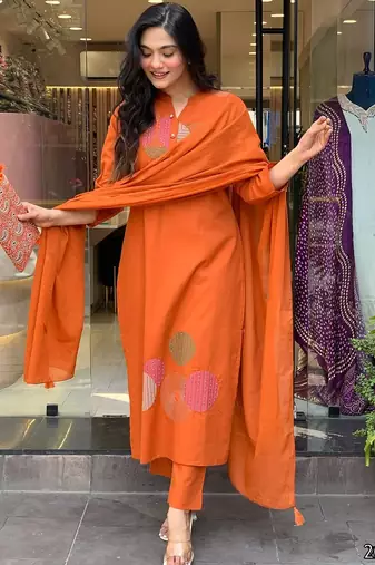 Ethnic festive wear orange rayon slub stitched suit with dupatta
