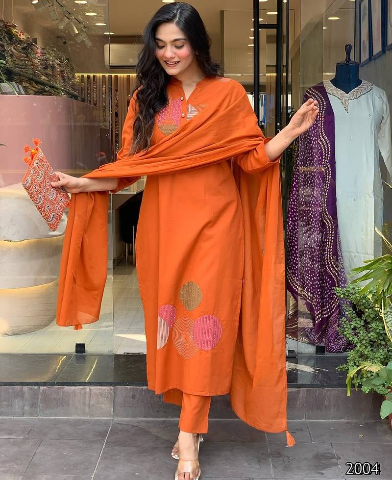Ethnic festive wear orange rayon slub stitched suit with dupatta