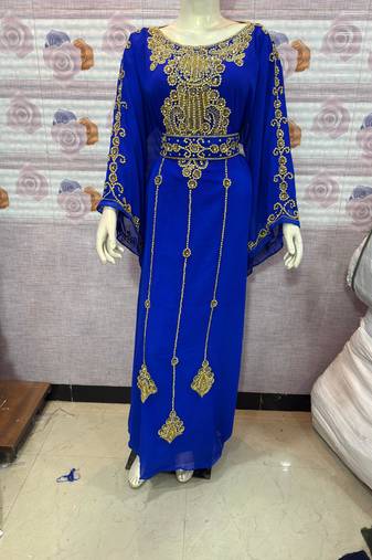 Royal Blue Embroidered Designer Stitched Kaftan with Golden Handwork Moroccan Style Abaya Dress