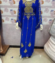 Royal Blue Embroidered Designer Stitched Kaftan with Golden Handwork Moroccan Style Abaya Dress