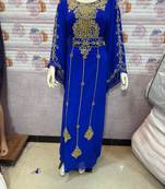 Royal Blue Embroidered Designer Stitched Kaftan with Golden Handwork Moroccan Style Abaya Dress