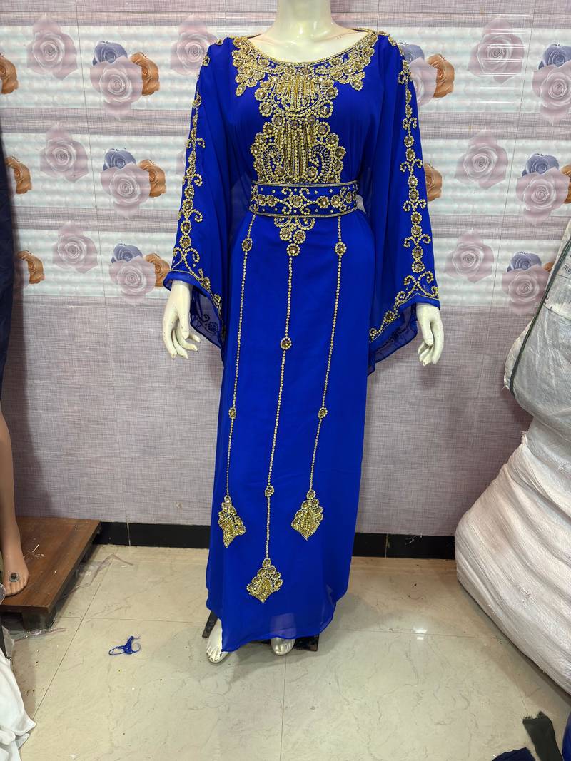 Royal Blue Embroidered Designer Stitched Kaftan with Golden Handwork Moroccan Style Abaya Dress