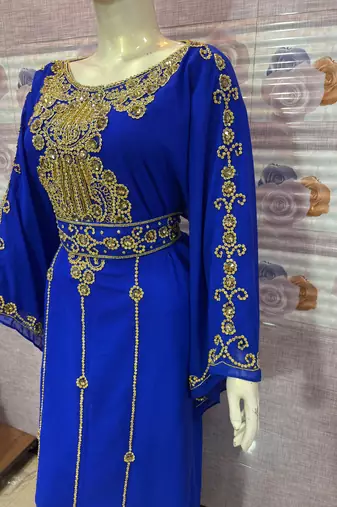 Royal Blue Embroidered Designer Stitched Kaftan with Golden Handwork Moroccan Style Abaya Dress